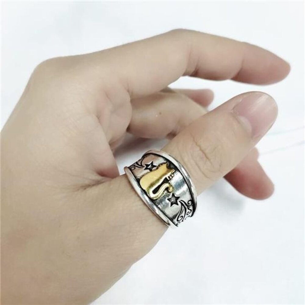 Minimalist Cat Ring – Adjustable Open Band, Vintage Animal Jewelry